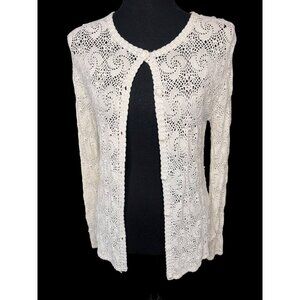 Vintage Hand Crocheted Open Knit Crochet Cardigan Sweater Women Small Ivory